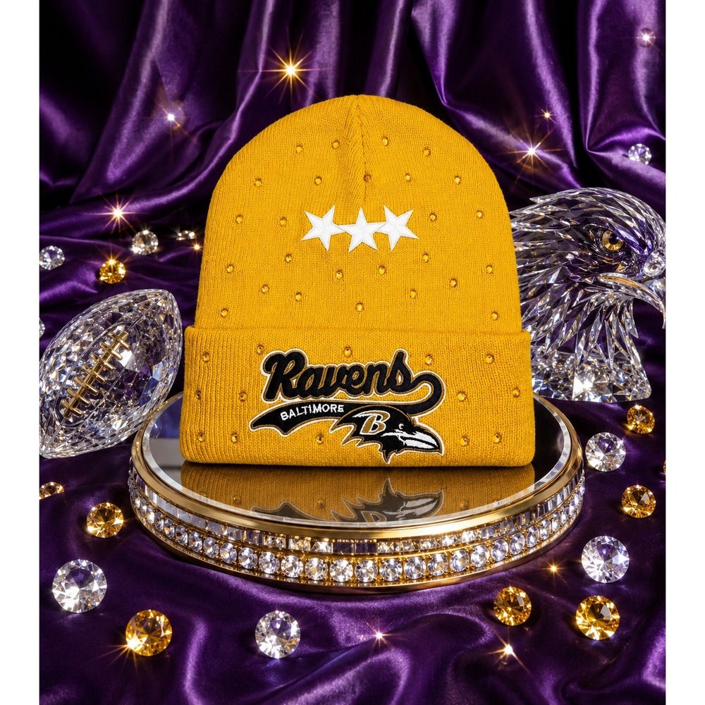 Baltimore Ravens Gold Beanie design with‎ Logo Gold Rhinestones & White Stars